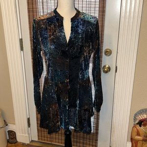 Sno Skins Velvet Burnout Asymmetrical Button Front L/S Tunic Blue Brown LG NWOT